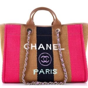 CHANEL Deauville Tote Striped Viscose Canvas Medium